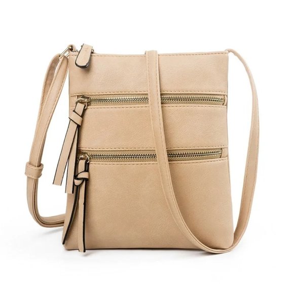 None Handbags - Crossbody Square Bag Zippered Light Khaki Pu Leather Small All Seasons New